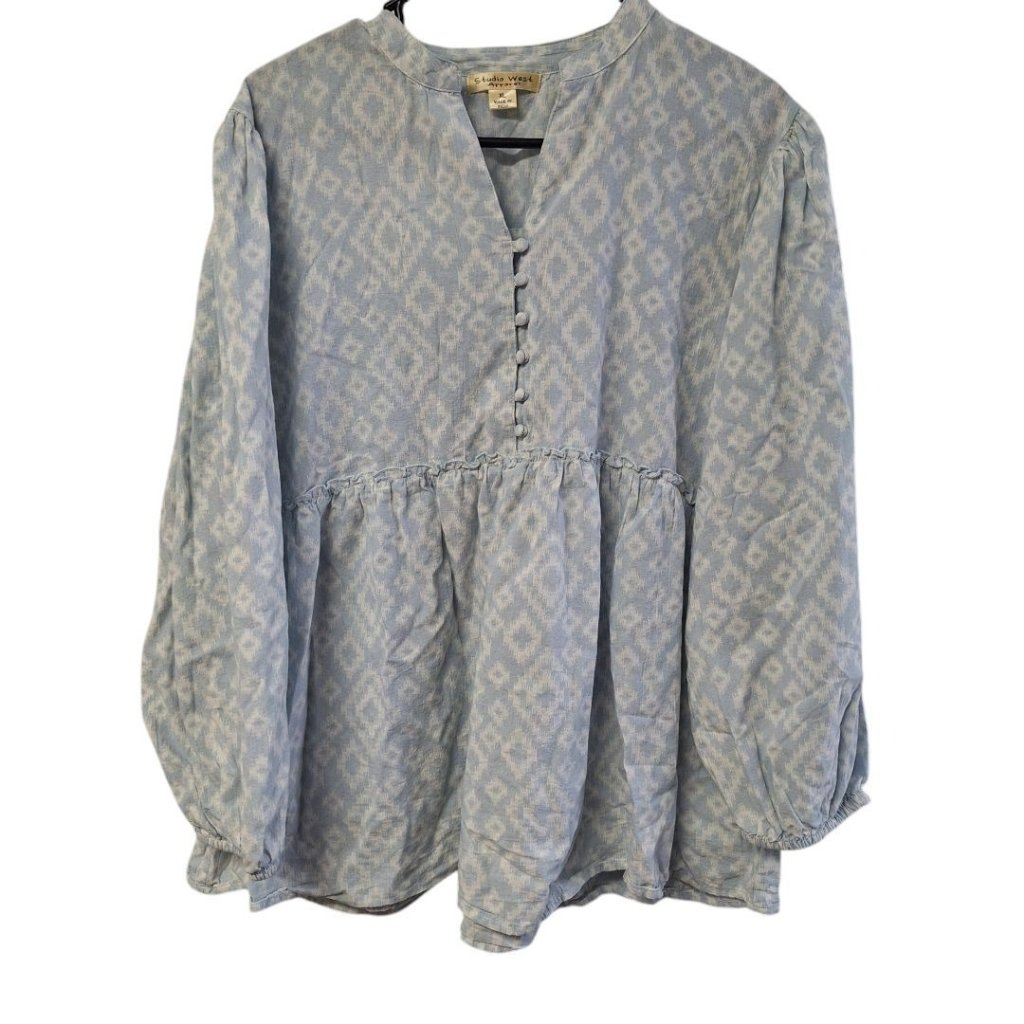 Studio West Apparel Blouse Cotton Long Sleeve Puff Half Button Womens Xl